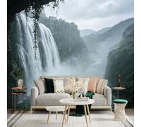 Custom Size Wall Sticker Mural， Majestic Waterfall in Misty Rainforest， Tropical Nature Landscape， Serene River Scenery， for wall Decoration， peelandstick wall Decals.