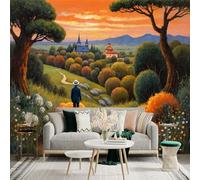 Custom Size Wall Sticker Mural， Man Walking on Path Through Rolling Hills with Village and Mountains at Sunset， for wall Decoration， peelandstick wall Decals.