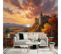 Custom Size Wall Sticker Mural， Medieval Castle on Hilltop， Sunset Sky， Landscape， for wall Decoration， peelandstick wall Decals.