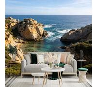 Custom Size Wall Sticker Mural， Mediterranean Coastal Landscape， Rocky Ocean Cliff， Crystal Clear Blue Water， Sunny Beach View， for wall Decoration， peelandstick wall Decals.
