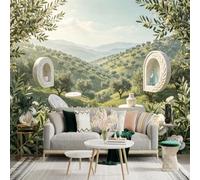 Custom Size Wall Sticker Mural， Mediterranean Landscape， Rolling Green Hills， Floating Stone Shelves， Floral Garden View， for wall Decoration， peelandstick wall Decals.