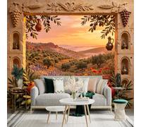 Custom Size Wall Sticker Mural， Mediterranean Landscape， Sunset Olive Grove with Pomegranates， Rustic Stone Window View， for wall Decoration， peelandstick wall Decals.
