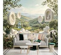 Custom Size Wall Sticker Mural， Mediterranean Olive Grove Landscape， White Marble Sculpture Decor， Aesthetic Flower Garden View， for wall Decoration， peelandstick wall Decals.
