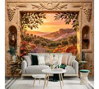 Custom Size Wall Sticker Mural， Mediterranean Sunset Landscape， Olive Branches with Fruits， Pomegranate and Lavender Flowers， for wall Decoration， peelandstick wall Decals.