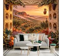 Custom Size Wall Sticker Mural， Mediterranean Sunset Landscape， Olive Groves and Pomegranates， Rustic Stone Balcony View， for wall Decoration， peelandstick wall Decals.