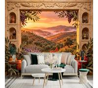 Custom Size Wall Sticker Mural， Mediterranean Sunset Landscape， Pomegranate and Olive Branches， Rustic Stone Window Frame View， for wall Decoration， peelandstick wall Decals.