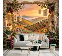 Custom Size Wall Sticker Mural， Mediterranean Sunset Landscape， Vineyard Fields with Olive Trees， Lavender and Poppy Flowers， for wall Decoration， peelandstick wall Decals.