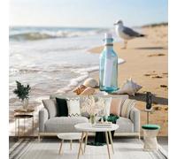 Custom Size Wall Sticker Mural， Message in a Bottle on Sandy Beach， Seagull by the Ocean， Coastal Summer Scenery， for wall Decoration， peelandstick wall Decals.
