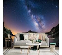 Custom Size Wall Sticker Mural， Milky Way Galaxy Over Lake and Rocky Cliffs Under Starry Night Sky， for wall Decoration， peelandstick wall Decals.