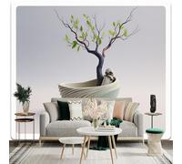Custom Size Wall Sticker Mural， Minimalist Bonsai Tree in Ceramic Bowl with Stone Sculpture， for wall Decoration， peelandstick wall Decals.