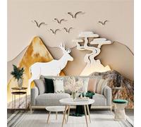 Custom Size Wall Sticker Mural， Minimalist Deer and Mountain Landscape with Tree and Flying Birds， for wall Decoration， peelandstick wall Decals.