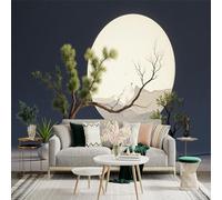 Custom Size Wall Sticker Mural， Minimalist Landscape with Bonsai Trees， Moon and Mountains in Modern Zen Style， for wall Decoration， peelandstick wall Decals.
