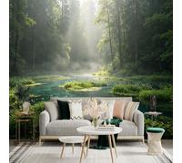 Custom Size Wall Sticker Mural， Misty Forest Landscape， Sun Rays Through Trees， Serene Lake Reflection， Floral Waterside Scenery， for wall Decoration， peelandstick wall Decals.