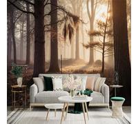 Custom Size Wall Sticker Mural， Misty Forest with Sunlight， Autumn Woods and Morning Fog， for wall Decoration， peelandstick wall Decals.