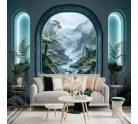 Custom Size Wall Sticker Mural， Misty Jungle River with Waterfalls and Lush Green Forest， for wall Decoration， peelandstick wall Decals.