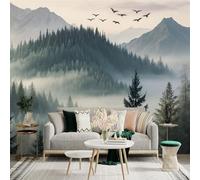 Custom Size Wall Sticker Mural， Misty Mountain Forest with Flying Birds and Morning Fog， for wall Decoration， peelandstick wall Decals.