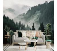 Custom Size Wall Sticker Mural， Misty Mountain Forest with Pine Trees and Fog Landscape， for wall Decoration， peelandstick wall Decals.