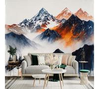 Custom Size Wall Sticker Mural， Misty Mountains with Fiery Peaks and Pine Forest， SelfAdhesive Wall Art Decor for Office