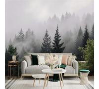 Custom Size Wall Sticker Mural， Misty Pine Forest with Fog and Green Trees， for wall Decoration， peelandstick wall Decals.