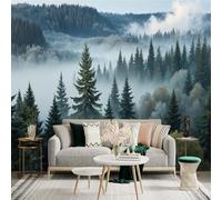 Custom Size Wall Sticker Mural， Misty Pine Forest with Mountains and Morning Fog， for wall Decoration， peelandstick wall Decals.