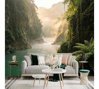 Custom Size Wall Sticker Mural， Misty River Valley， Tropical Rainforest Canyon， Sunlight Through Morning Fog， Serene Green Nature Landscape， for wall Decoration， peelandstick wall Decals.