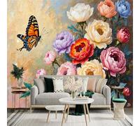 Custom Size Wall Sticker Mural，Monarch Butterfly and Peonies Flower，Removable SelfAdhesive Wall Fabric Large Photo Wallpaper for Living Room Bedroom