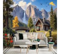 Custom Size Wall Sticker Mural， Mountain Cabin by River with Bridge， Waterfall and Forest Landscape， for wall Decoration， peelandstick wall Decals.