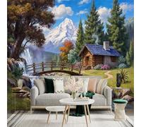 Custom Size Wall Sticker Mural， Mountain Cabin by Waterfall and Wooden Bridge in Forest Landscape， for wall Decoration， peelandstick wall Decals.
