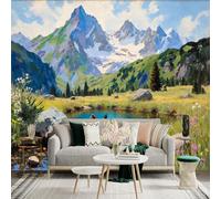 Custom Size Wall Sticker Mural，Mountain Lake Duck Waterfall Wildflowers，Removable SelfAdhesive Wall Fabric Large Photo Wallpaper for Living Room Bedroom