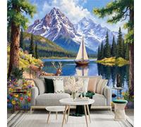 Custom Size Wall Sticker Mural，Mountain Lake Sailboat Deer Wildflowers，Removable SelfAdhesive Wall Fabric Large Photo Wallpaper for Living Room Bedroom