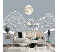 Custom Size Wall Sticker Mural， Mountain Landscape with Goat and Full Moon， Minimalist Line Art Nature Scene， for wall Decoration， peelandstick wall Decals.