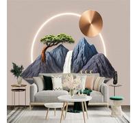 Custom Size Wall Sticker Mural， Mountain Landscape with Waterfall Boat Deer and Sun， for wall Decoration， peelandstick wall Decals.