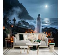 Custom Size Wall Sticker Mural， Mysterious Bride by the Ocean， Eerie Cemetery at Night， Glowing Jackolanterns， for wall Decoration， peelandstick wall Decals.