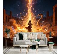 Custom Size Wall Sticker Mural， Mysterious Desert Sorceress with Giant Snake， Flaming Magic Circle and Glowing Crystals， for wall Decoration， peelandstick wall Decals.