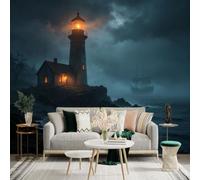 Custom Size Wall Sticker Mural， Mysterious Lighthouse at Rocky Shore， Sailing Ship in Foggy Night， Small Boat on Ocean Beach， for wall Decoration， peelandstick wall Decals.