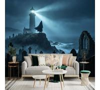 Custom Size Wall Sticker Mural， Mysterious Lighthouse by the Ocean， Cloaked Figure on Cliff， Foggy Coastal Landscape， Gothic Ruin and Gravestones， peelandstick wall Decals.