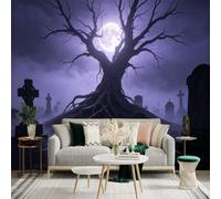 Custom Size Wall Sticker Mural， Mysterious Moonlit Cemetery， Dark Tree Silhouette， Foggy Night Landscape， for wall Decoration， peelandstick wall Decals.