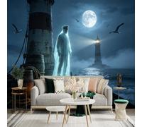 Custom Size Wall Sticker Mural， Mysterious Sailor Spirit by the Lighthouse， Full Moon Seascape with Pumpkin， for wall Decoration， peelandstick wall Decals.