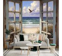 Custom Size Wall Sticker Mural， Ocean View Through Rustic Window with Seaside Beach and Flying Bird， for wall Decoration， peelandstick wall Decals.