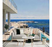 Custom Size Wall Sticker Mural， Ocean View with Swimming Pool， Coastal Rocks and Blue Sky， for wall Decoration， peelandstick wall Decals.