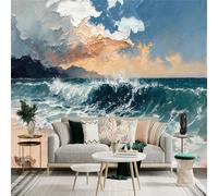 Custom Size Wall Sticker Mural， Ocean Waves Crashing on Sandy Beach with Mountains and Dramatic Sky， SelfAdhesive Wall Art Decor for Office