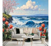 Custom Size Wall Sticker Mural，Ocean Waves Tulips Cherry Blossoms Spring Landscape，Removable SelfAdhesive Wall Fabric Large Photo Wallpaper for Living Room Bedroom