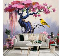 Custom Size Wall Sticker Mural，Oil Painting Blooming Cherry Blossom Tree with Yellow Bird，Removable SelfAdhesive Wall Fabric Large Photo Wallpaper for Living Room Bedroom
