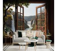 Custom Size Wall Sticker Mural， Open Window View of Waterfall River and Mountain Landscape， for wall Decoration， peelandstick wall Decals.