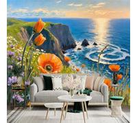 Custom Size Wall Sticker Mural， Orange Wildflowers on Coastal Cliff， Scenic Ocean Sunset， Impressionist Oil Painting Style， for wall Decoration， peelandstick wall Decals.