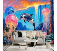 Custom Size Wall Sticker Mural， Orca Dolphin and Jellyfish in Cosmic Ocean， for wall Decoration， peelandstick wall Decals.