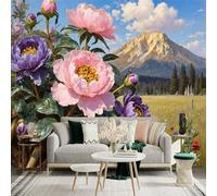 Custom Size Wall Sticker Mural，Peonies Mountain Landscape Butterfly Meadow，Removable SelfAdhesive Wall Fabric Large Photo Wallpaper for Living Room Bedroom