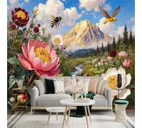 Custom Size Wall Sticker Mural，Peony Flower Bee Bird Mountain Stream Landscape，Removable SelfAdhesive Wall Fabric Large Photo Wallpaper for Living Room Bedroom