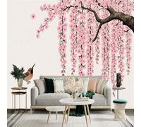 Custom Size Wall Sticker Mural， Pink Cherry Blossom Branch with Bird and Falling Petals， for wall Decoration， peelandstick wall Decals.