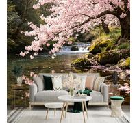 Custom Size Wall Sticker Mural， Pink Cherry Blossoms， Flowing River Landscape， Mossy Stones by the Stream， Nature Spring Scenery， for wall Decoration， peelandstick wall Decals.